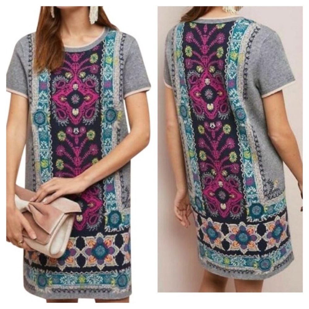 Anthropologie Grey Shift Dress with Navy and Fuchsia Embroidered Panel - Picture 2 of 6